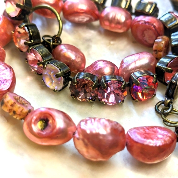Pink Mauve Blush Swarovski Crystal & Pink Baroque Pearl Necklace in Brass - Picture 8 of 10